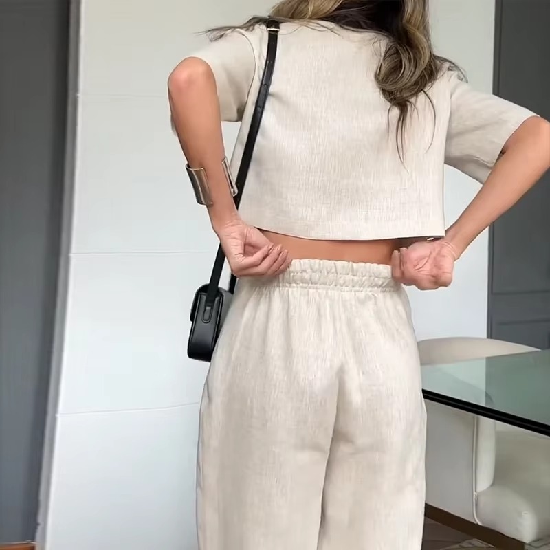 Casual Short Sleeve Lapel Office Button Top Loose Wide Legs Pants Two Piece Set - Image 4