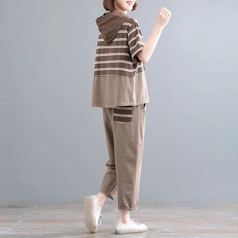 Casual Short Sleeve Loose Large Size Stripes Hooded T Shirt Straight Pants 2 Piece Set - Image 4