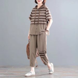Casual Short Sleeve Loose Large Size Stripes Hooded T Shirt Straight Pants 2 Piece Set
