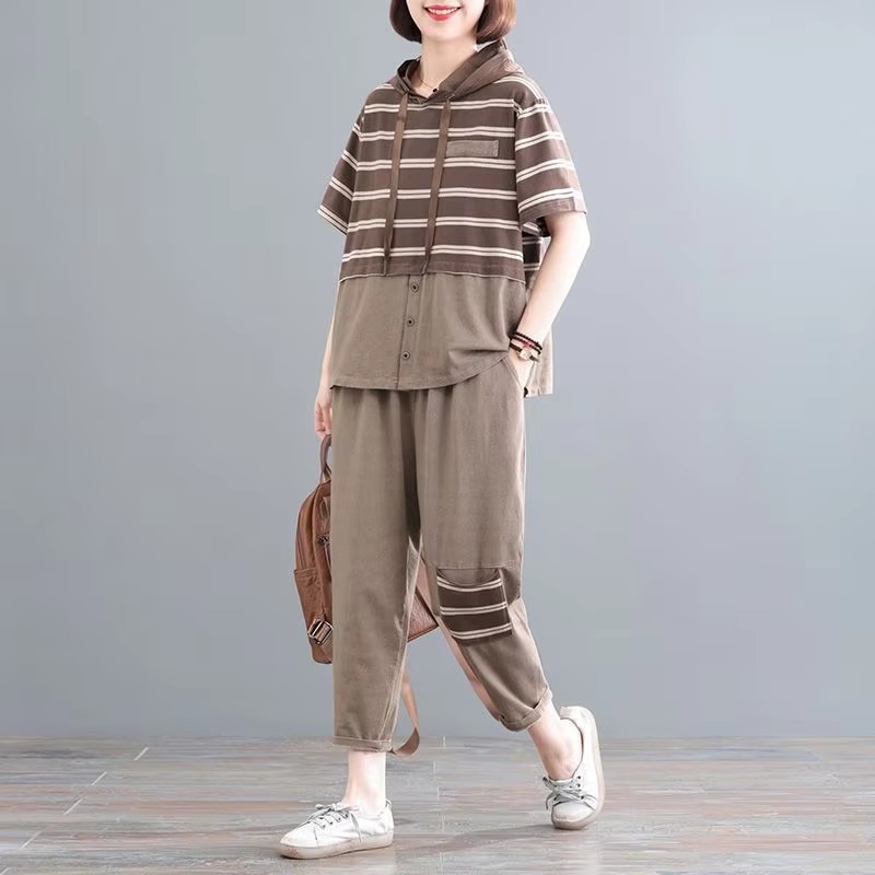 Casual Short Sleeve Loose Large Size Stripes Hooded T Shirt Straight Pants 2 Piece Set