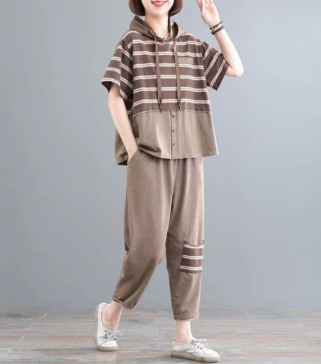 Casual Short Sleeve Loose Large Size Stripes Hooded T Shirt Straight Pants 2 Piece Set - Image 2