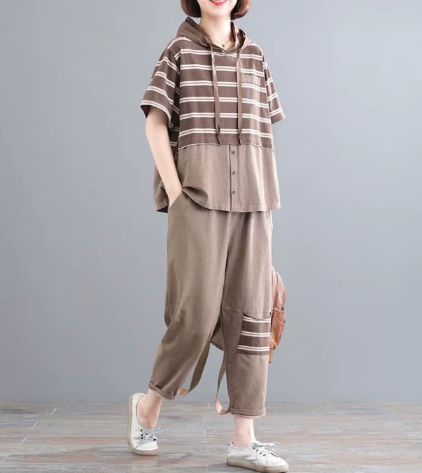 Casual Short Sleeve Loose Large Size Stripes Hooded T Shirt Straight Pants 2 Piece Set - Image 3