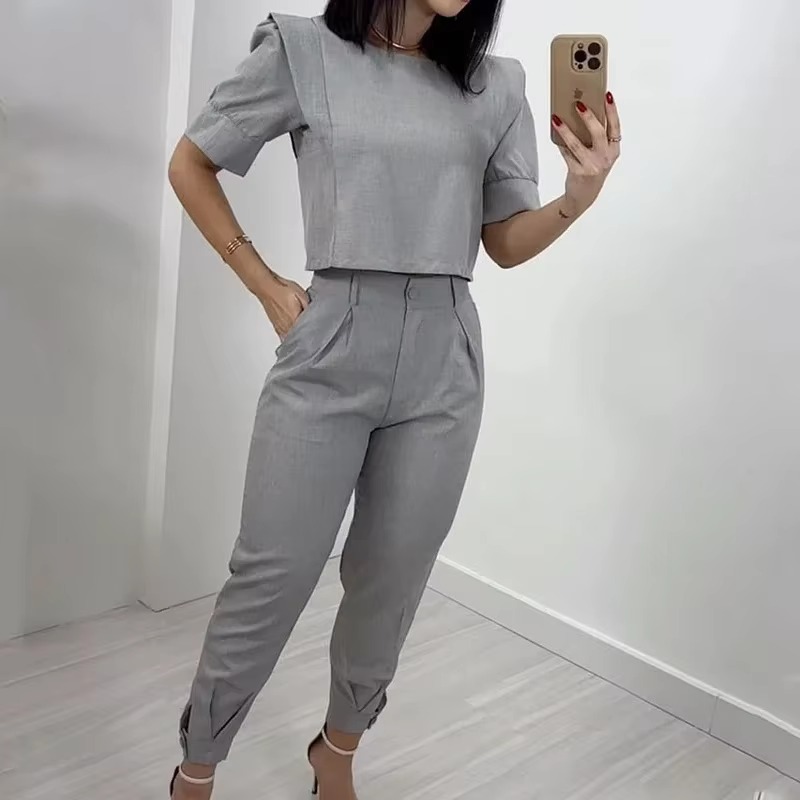 Casual Short Sleeve Round Neck Solid Top Loose With Pockets Pants Two Piece Set - Image 2
