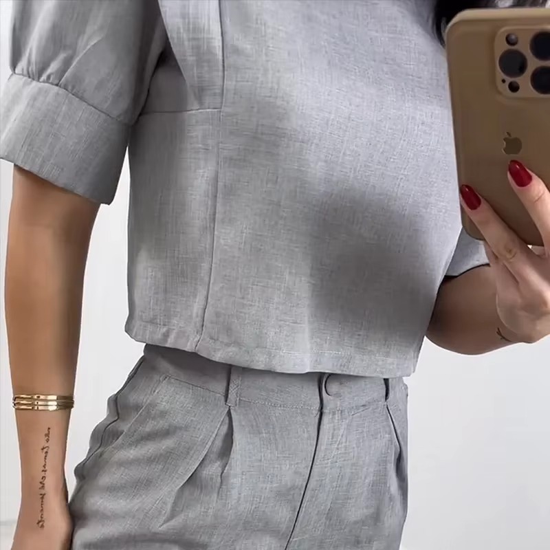 Casual Short Sleeve Round Neck Solid Top Loose With Pockets Pants Two Piece Set - Image 3