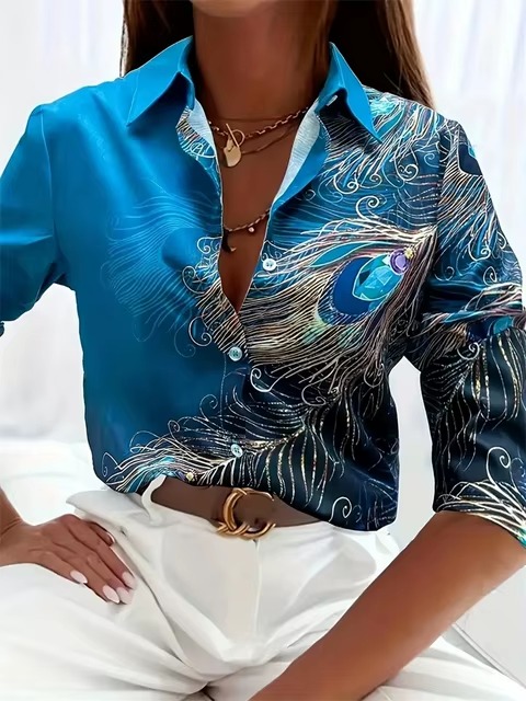 Vintage Single Breasted Texture Long Sleeve Printed Shirt - Image 2