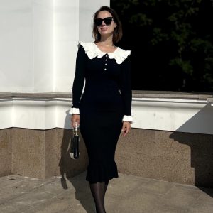 Casual Single Breasted Ruffled Knitted Slim Midi Dress