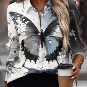 Casual Single Breasted Turn-down Collar Loose Printed Shirt