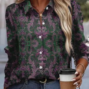 Vintage Single Breasted Turn-down Collar Loose Printed Shirt