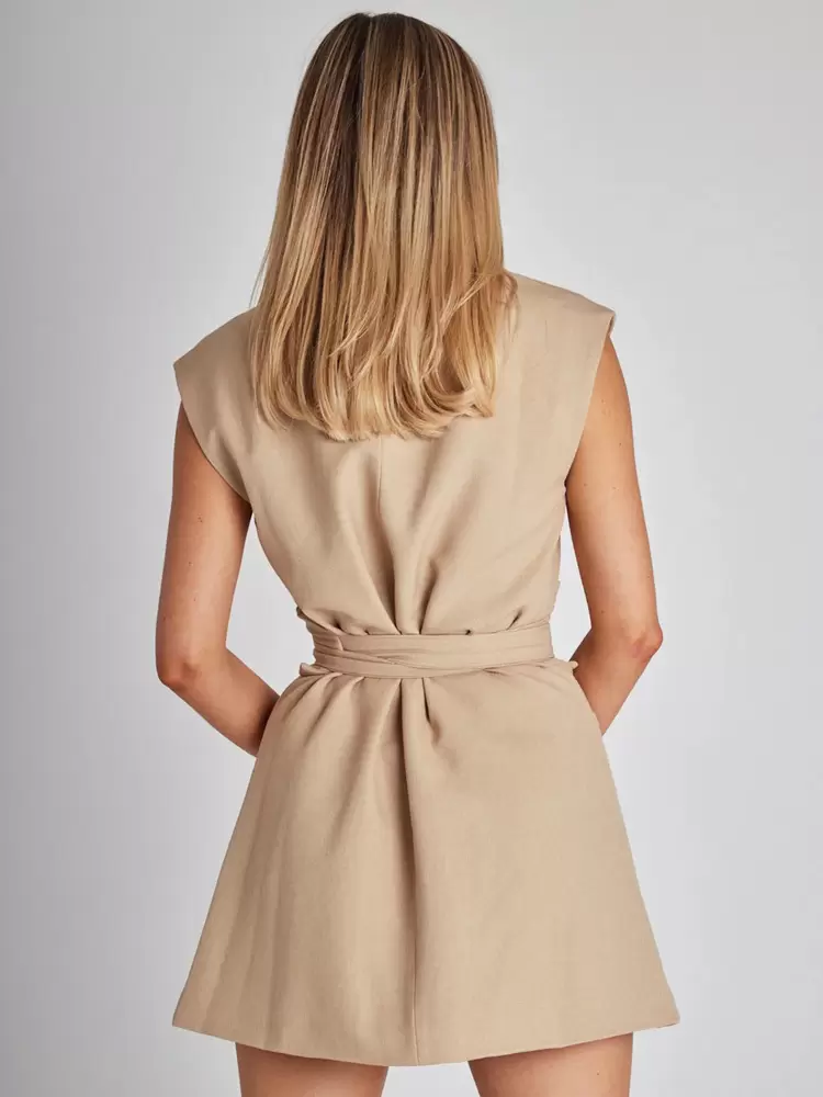 Casual Sleeveless Designed Neckline Belted Pockets Mini Blazer Dresses - Image 3