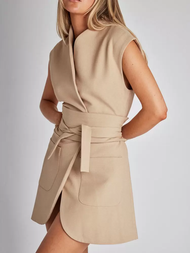 Casual Sleeveless Designed Neckline Belted Pockets Mini Blazer Dresses - Image 2