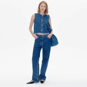 Casual Sleeveless O-neck Single Breasted High Waist Pocket Denim Vest Pants Set