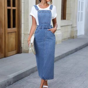 Casual Sleeveless Pockets High Split Bodycon Long Denim Dresses