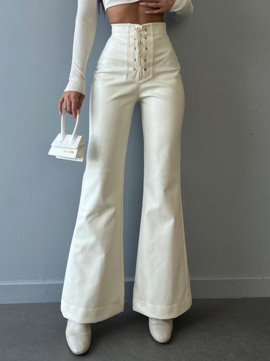 Casual Solid Color Drawstring Raised Waist Trousers PU Leather Pants - Image 9