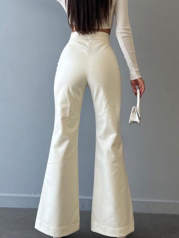 Casual Solid Color Drawstring Raised Waist Trousers PU Leather Pants - Image 10