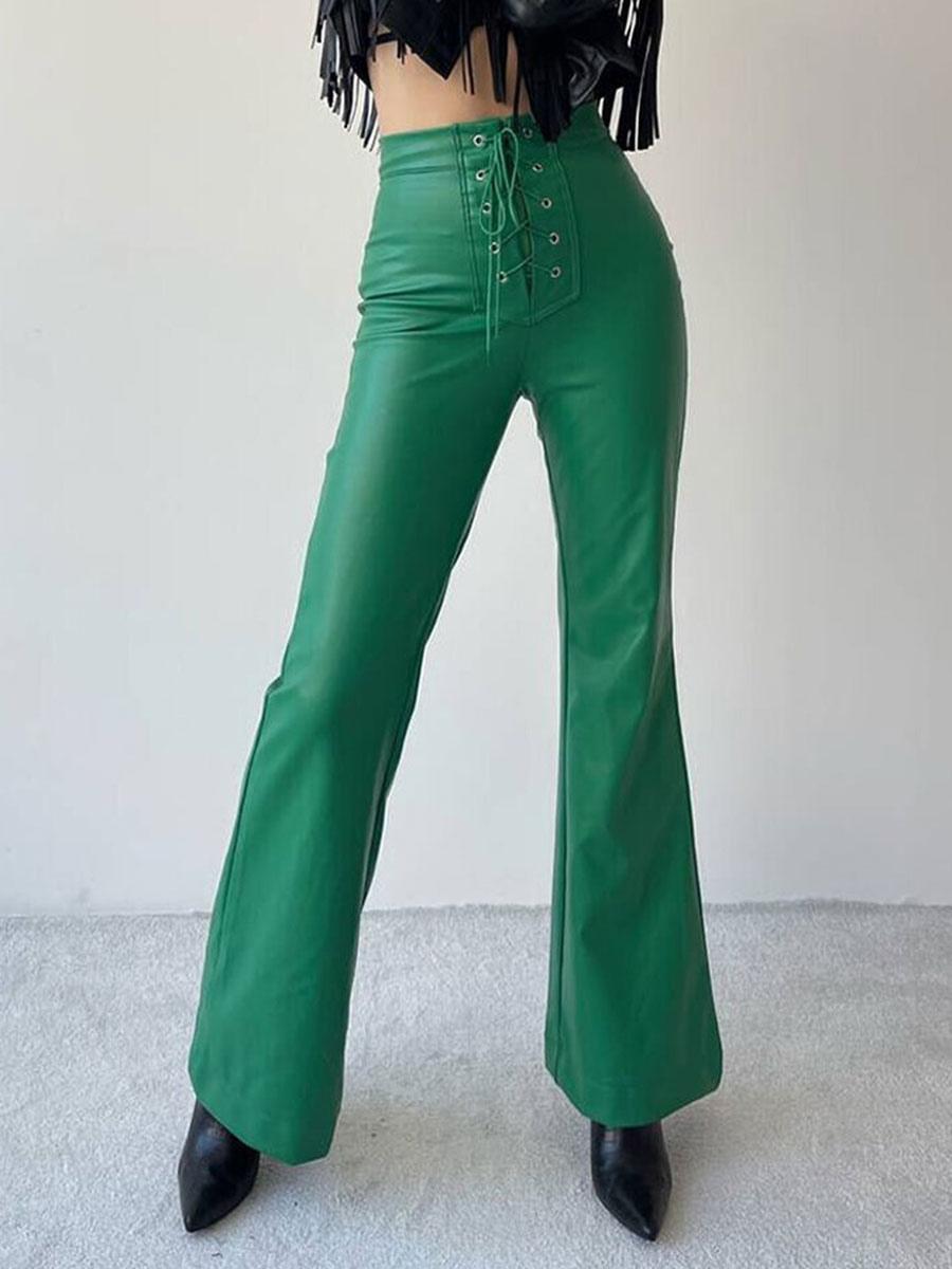 Casual Solid Color Drawstring Raised Waist Trousers PU Leather Pants - Image 2