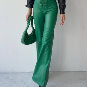 Casual Solid Color Drawstring Raised Waist Trousers PU Leather Pants