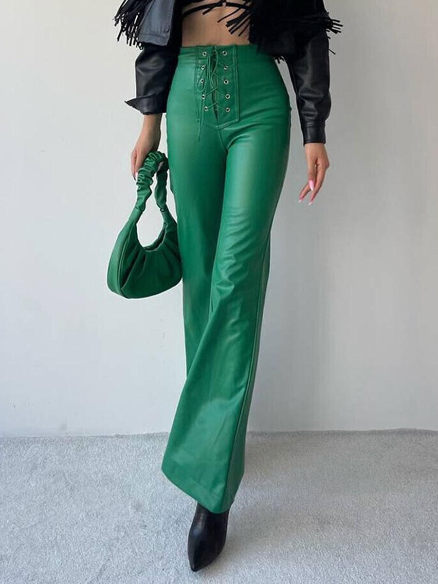 Casual Solid Color Drawstring Raised Waist Trousers PU Leather Pants