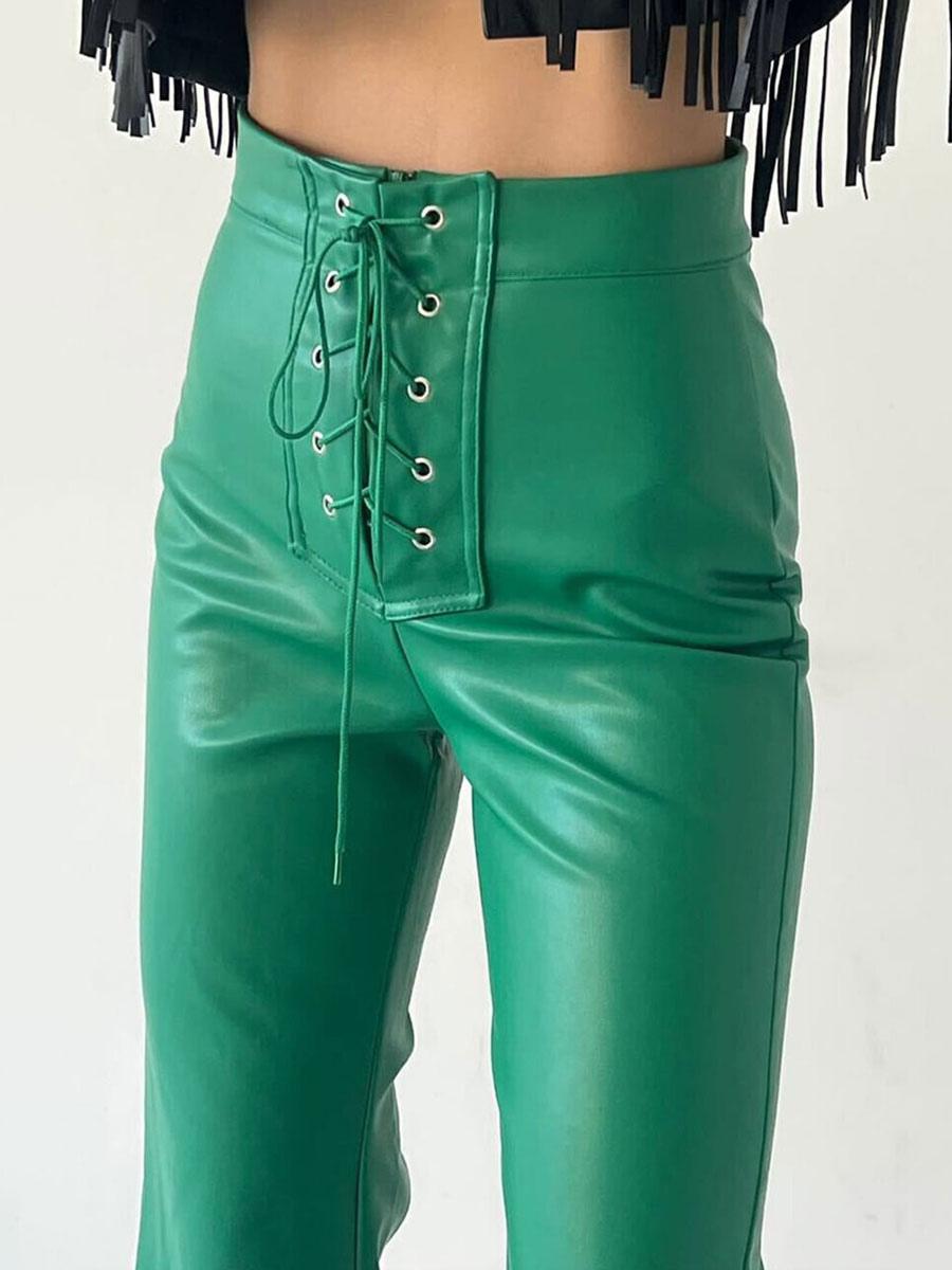 Casual Solid Color Drawstring Raised Waist Trousers PU Leather Pants - Image 3