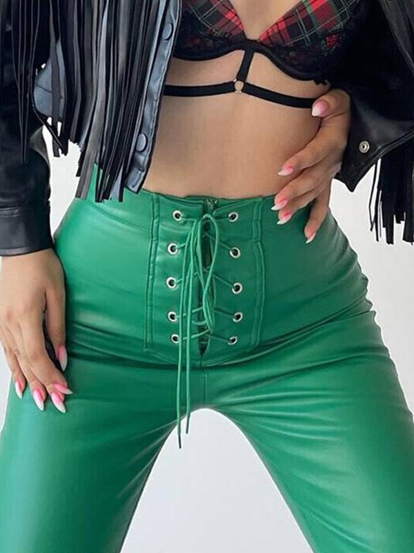 Casual Solid Color Drawstring Raised Waist Trousers PU Leather Pants - Image 4