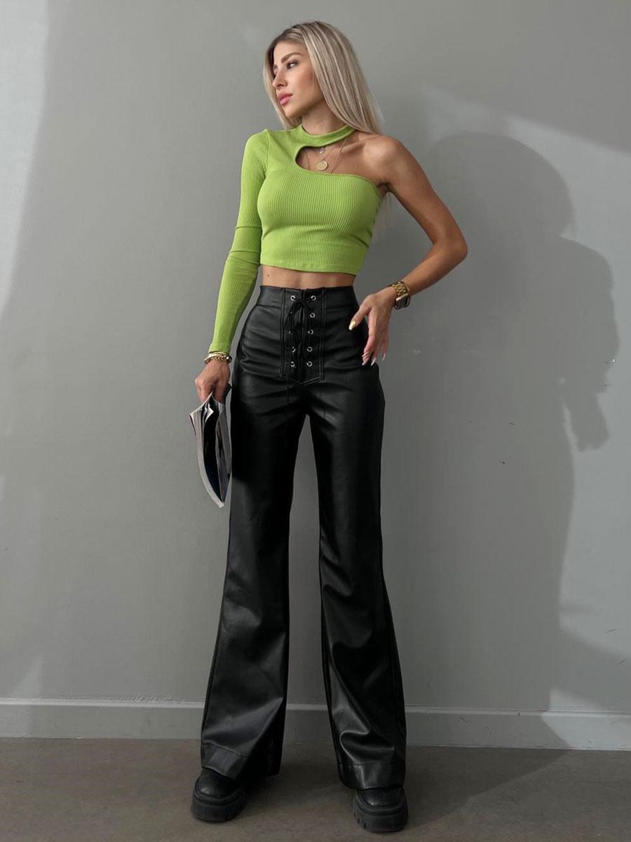 Casual Solid Color Drawstring Raised Waist Trousers PU Leather Pants - Image 5