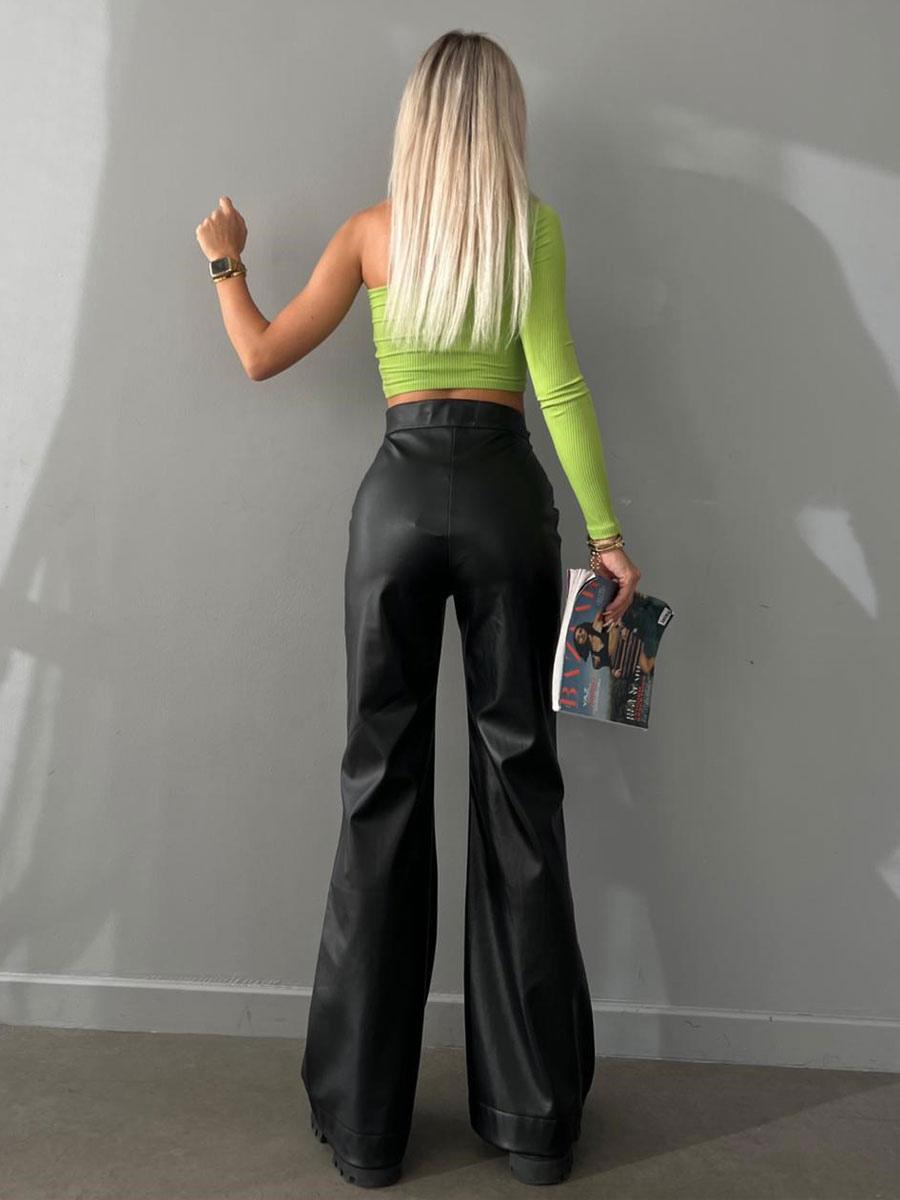 Casual Solid Color Drawstring Raised Waist Trousers PU Leather Pants - Image 7