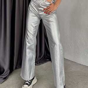 Casual Solid Color Zipper Fly Wide Leg Metallic Pants High Waist Trousers