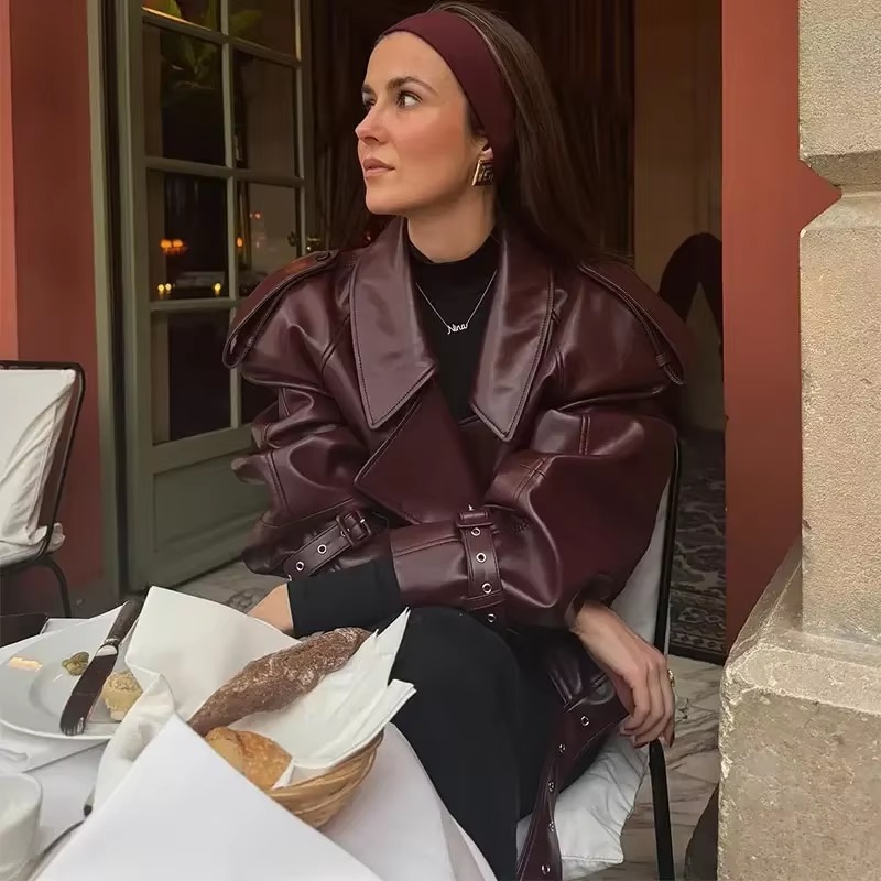 Casual Solid Long Sleeved Leather Slim Streetwear Outwears Short Jacket - Image 2