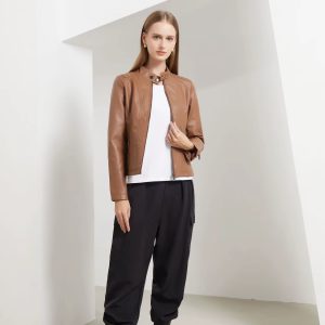 Casual Solid Round Neck Long Sleeved Classic Retro Style Leather Jacket