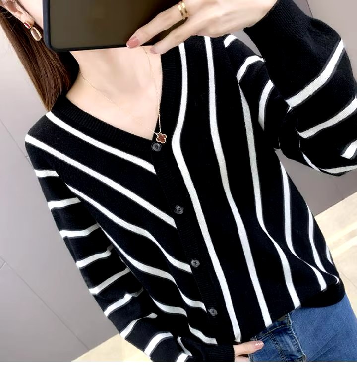 Casual Striped V-Neck Losse Knitted Pullovers Button Fashion Elegant Sweaters - Image 11