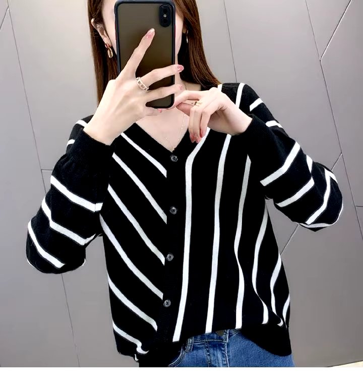 Casual Striped V-Neck Losse Knitted Pullovers Button Fashion Elegant Sweaters - Image 12