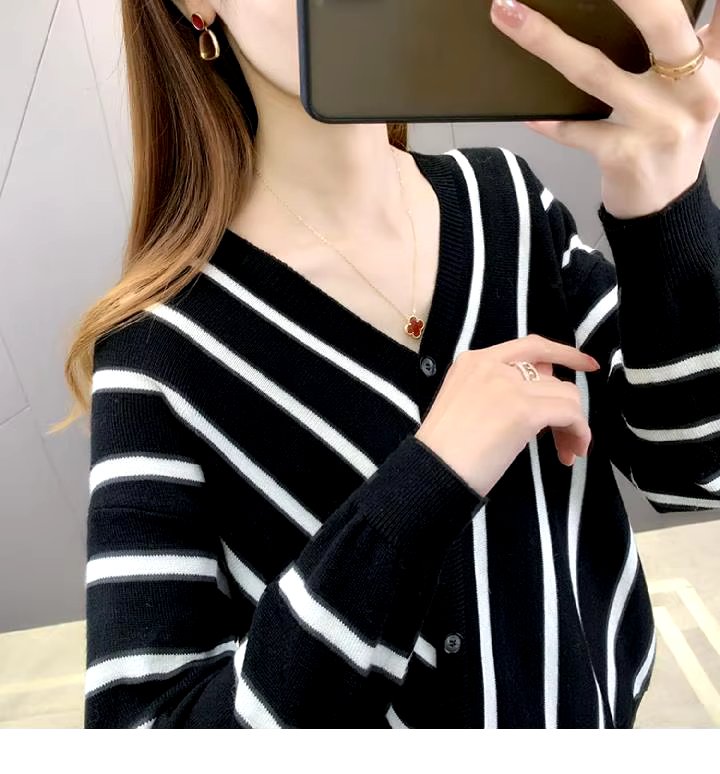 Casual Striped V-Neck Losse Knitted Pullovers Button Fashion Elegant Sweaters - Image 14