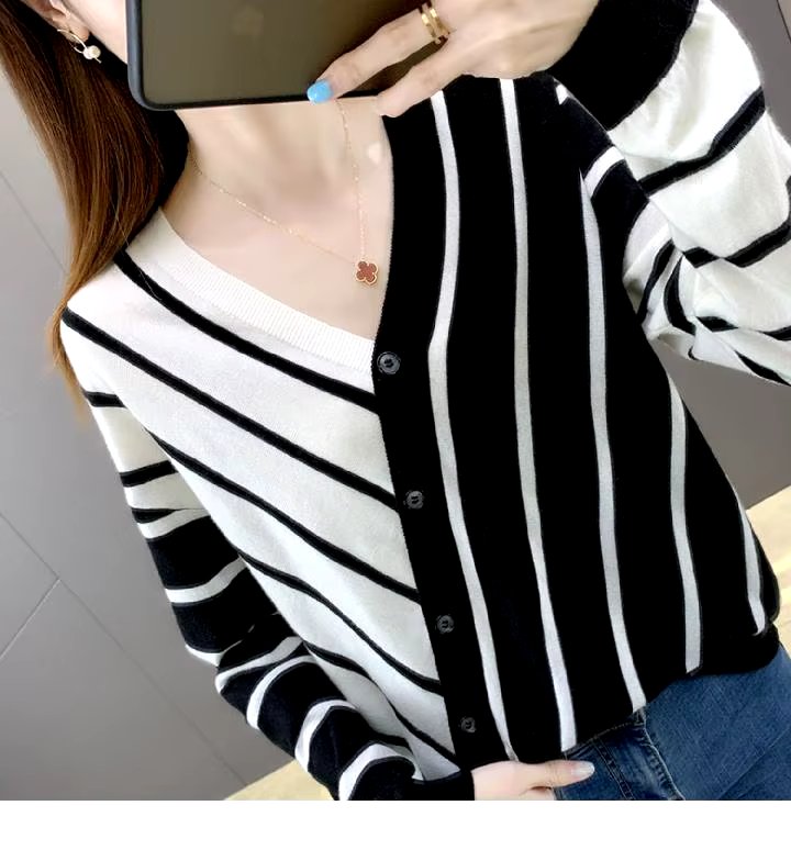 Casual Striped V-Neck Losse Knitted Pullovers Button Fashion Elegant Sweaters - Image 15