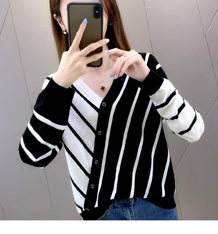 Casual Striped V-Neck Losse Knitted Pullovers Button Fashion Elegant Sweaters - Image 19