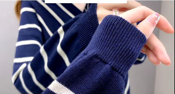 Casual Striped V-Neck Losse Knitted Pullovers Button Fashion Elegant Sweaters - Image 3