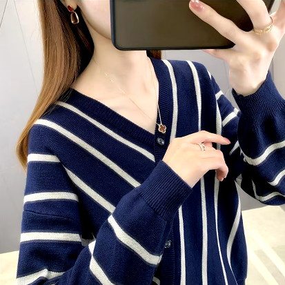 Casual Striped V-Neck Losse Knitted Pullovers Button Fashion Elegant Sweaters - Image 2