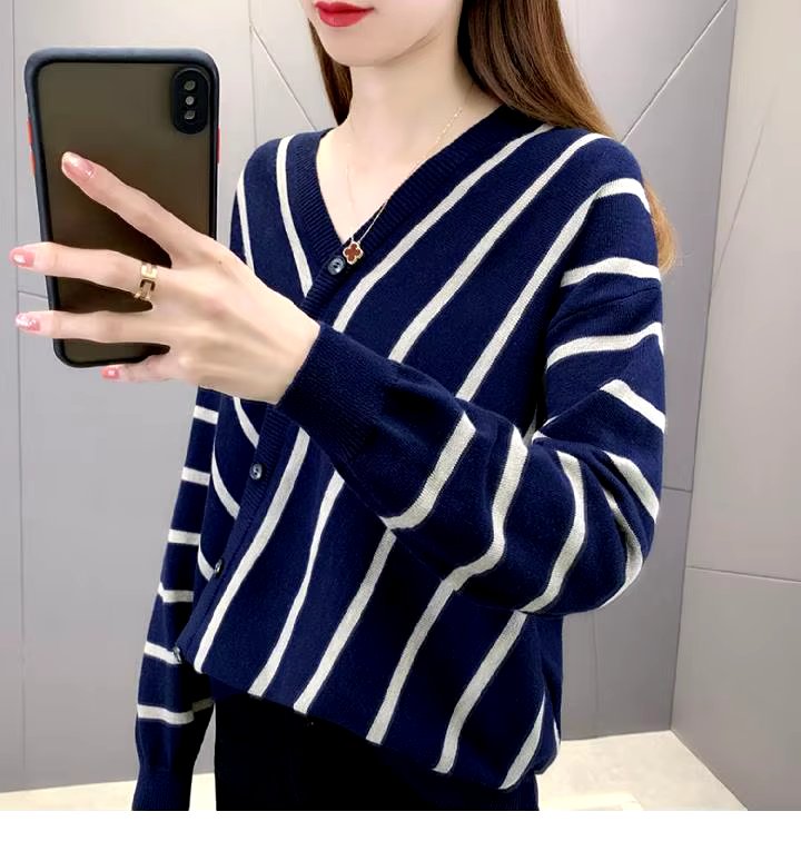 Casual Striped V-Neck Losse Knitted Pullovers Button Fashion Elegant Sweaters - Image 5