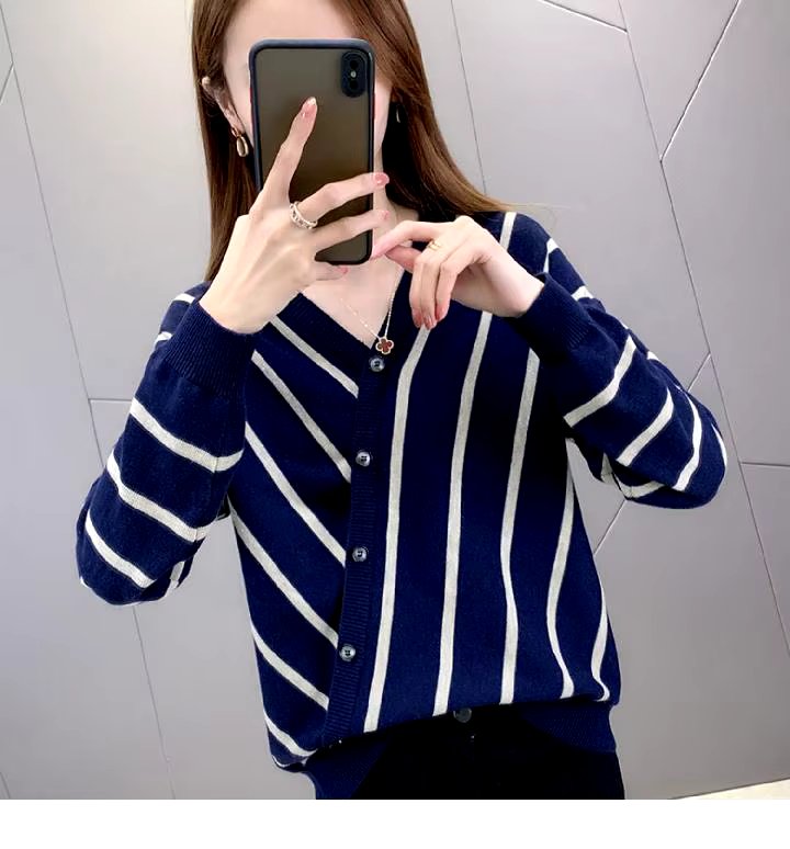 Casual Striped V-Neck Losse Knitted Pullovers Button Fashion Elegant Sweaters - Image 6