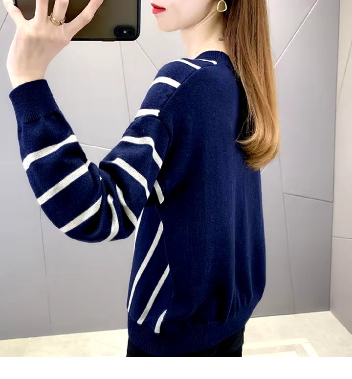 Casual Striped V-Neck Losse Knitted Pullovers Button Fashion Elegant Sweaters - Image 7