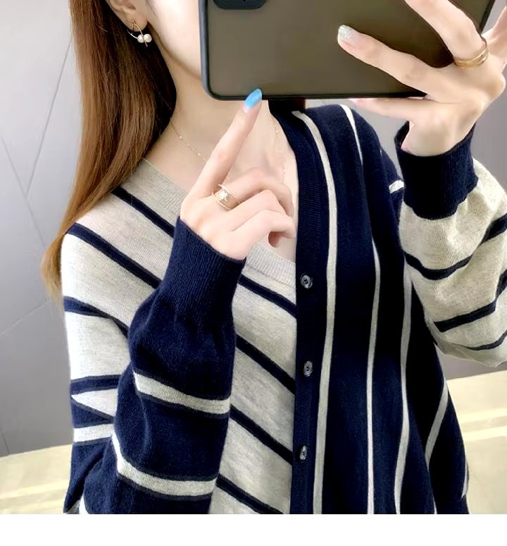 Casual Striped V-Neck Losse Knitted Pullovers Button Fashion Elegant Sweaters - Image 8