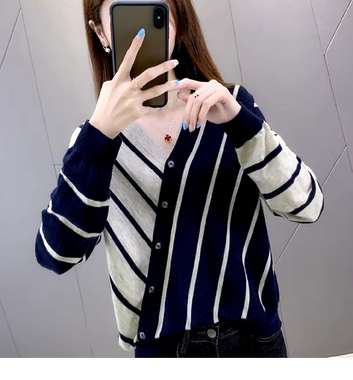 Casual Striped V-Neck Losse Knitted Pullovers Button Fashion Elegant Sweaters - Image 10