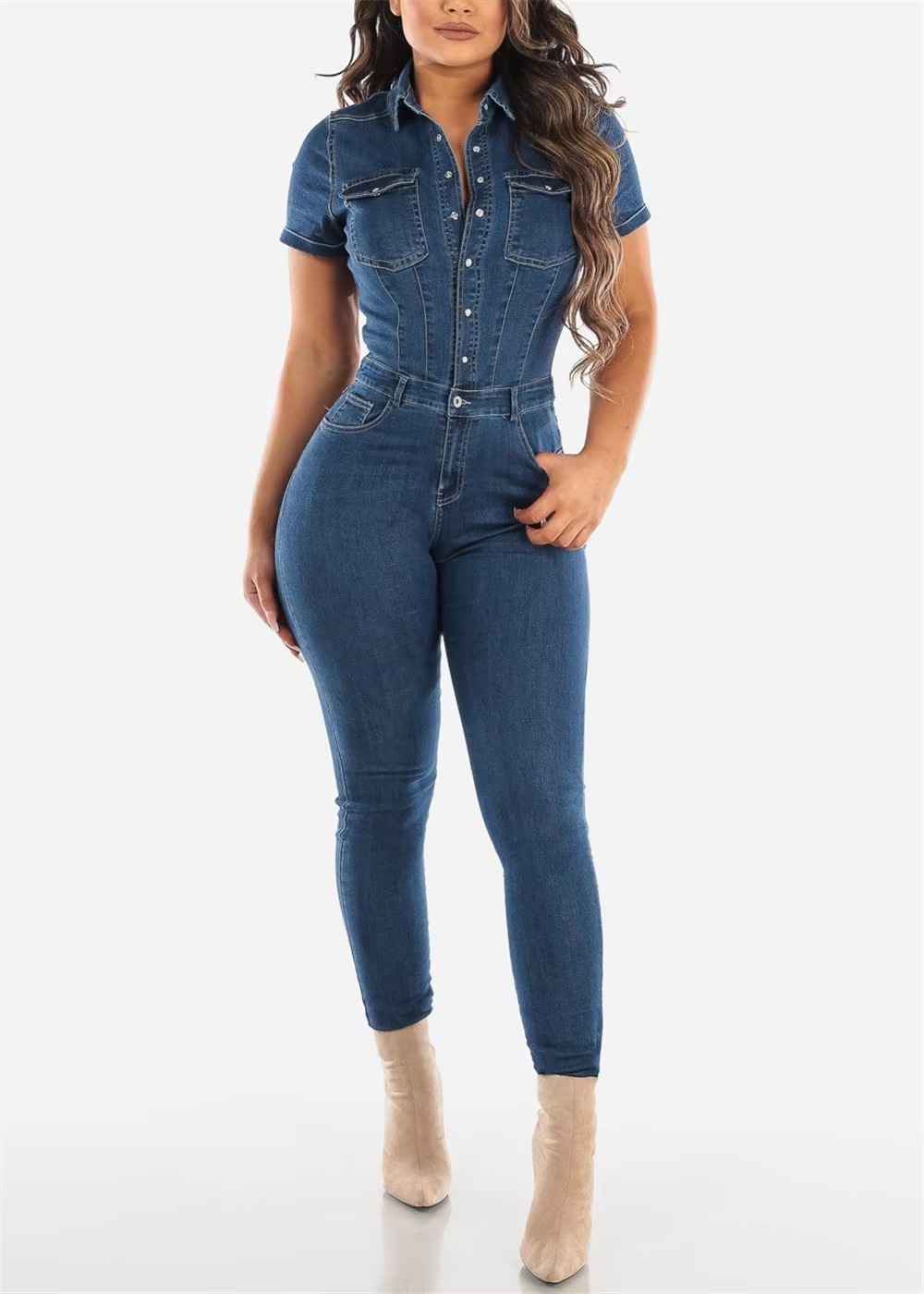 Casual Turn Down Collar Short Sleeve Skinny Denim Jeans Stretch Overalls Rompers Jumpsuit - Image 2