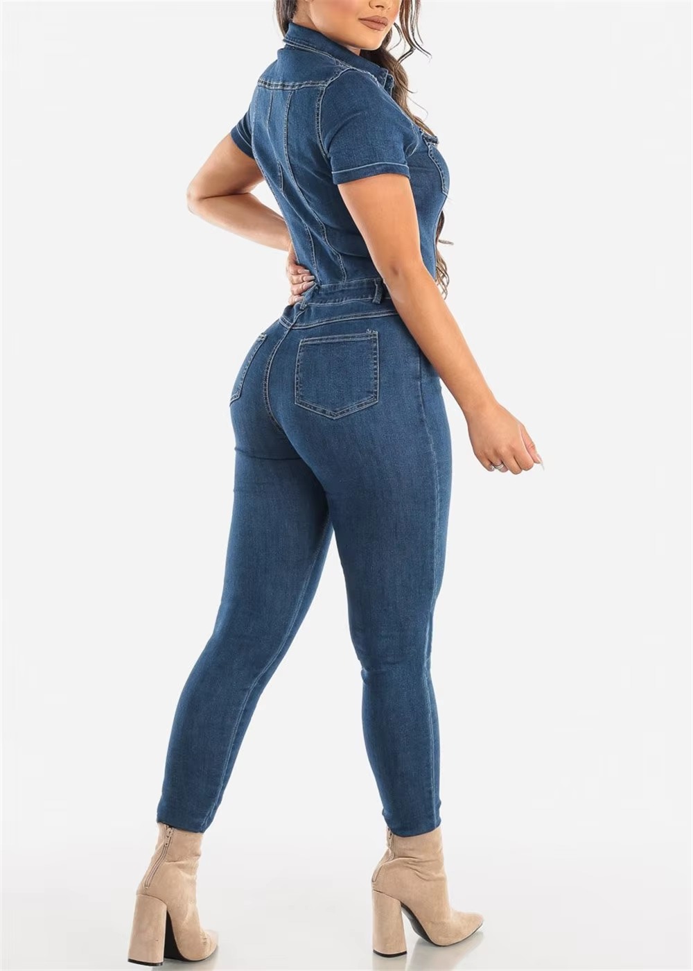 Casual Turn Down Collar Short Sleeve Skinny Denim Jeans Stretch Overalls Rompers Jumpsuit - Image 4