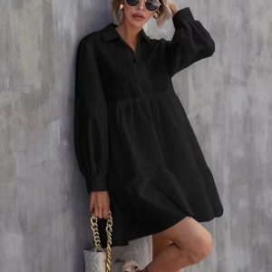 Casual Turn Down Collar Solid Color Lantern Sleevecover Up Mini Dress
