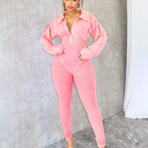 Casual Turn Down Collar V-neck Long Sleeve Skinny Solid Cotton Ribbed Jumpsuit