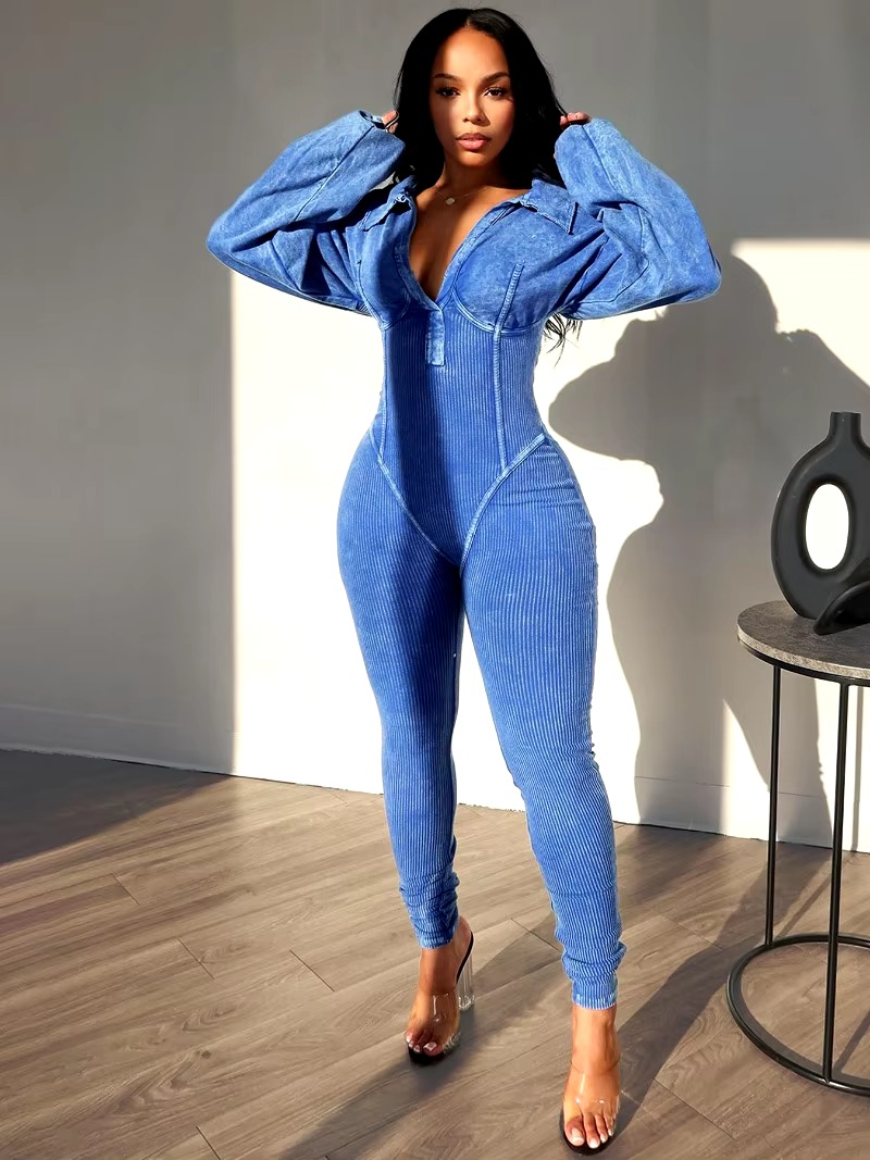 Casual Turn Down Collar V-neck Long Sleeve Skinny Solid Cotton Ribbed Jumpsuit - Image 7