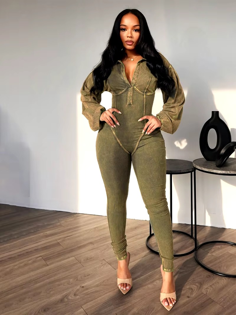 Casual Turn Down Collar V-neck Long Sleeve Skinny Solid Cotton Ribbed Jumpsuit - Image 12