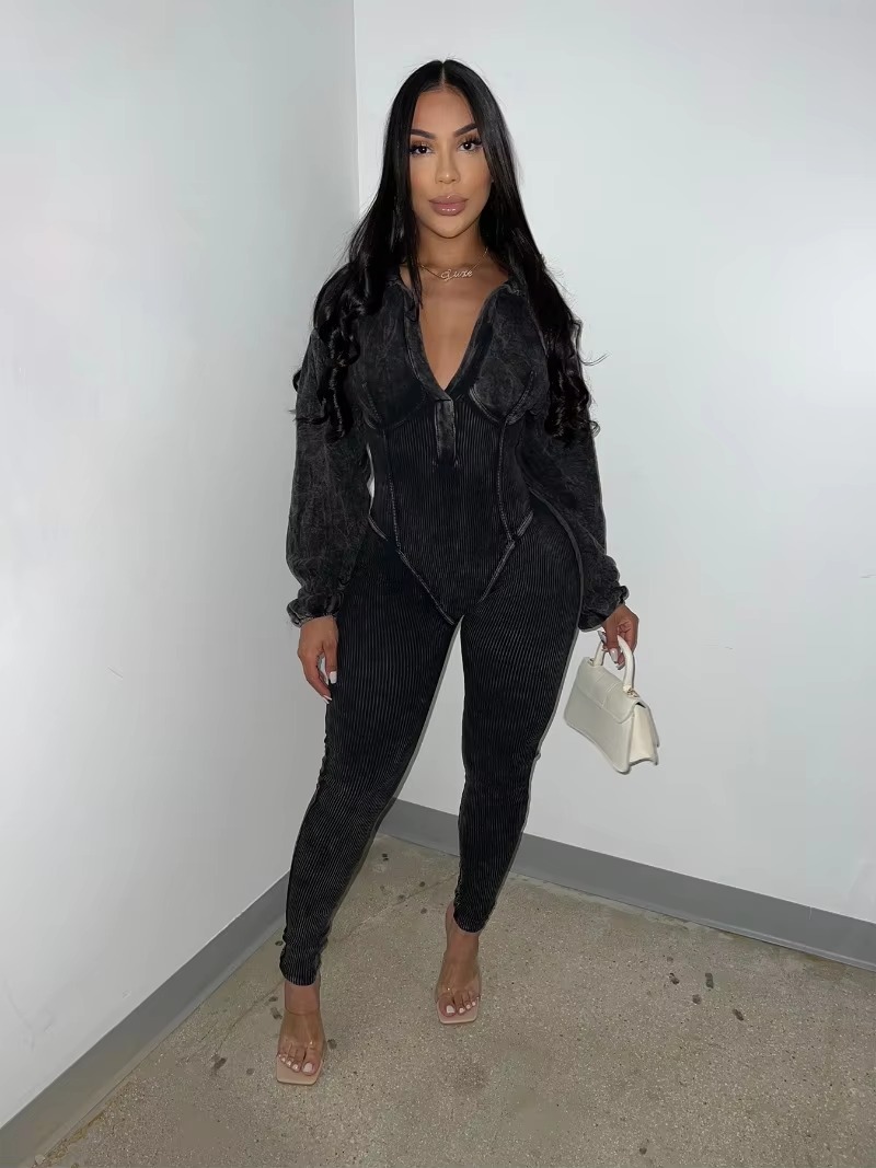 Casual Turn Down Collar V-neck Long Sleeve Skinny Solid Cotton Ribbed Jumpsuit - Image 5