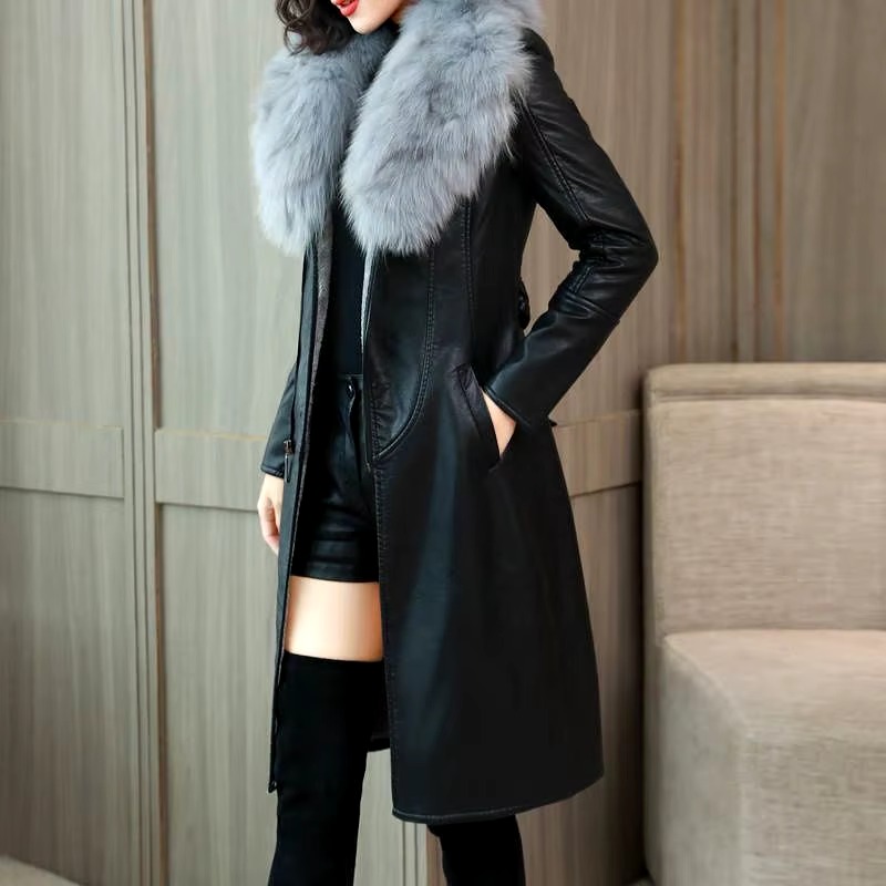 Casual Turn-down Collar Faux Fur Leather Adjustable Waist Long Loose Coats - Image 4