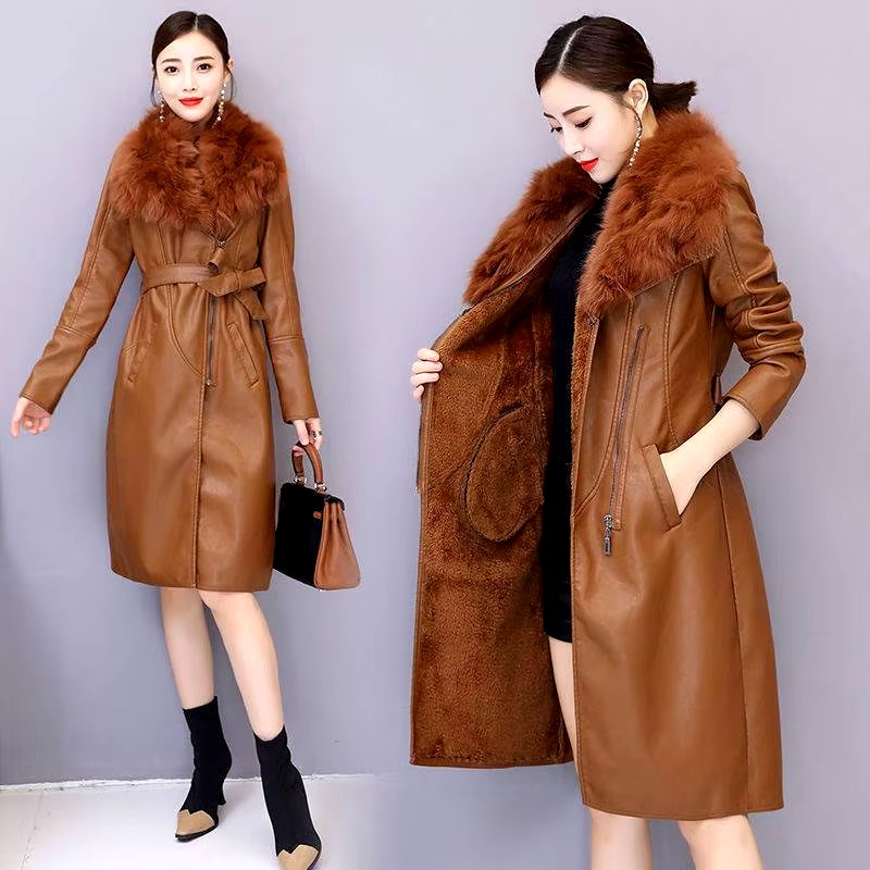 Casual Turn-down Collar Faux Fur Leather Adjustable Waist Long Loose Coats - Image 6