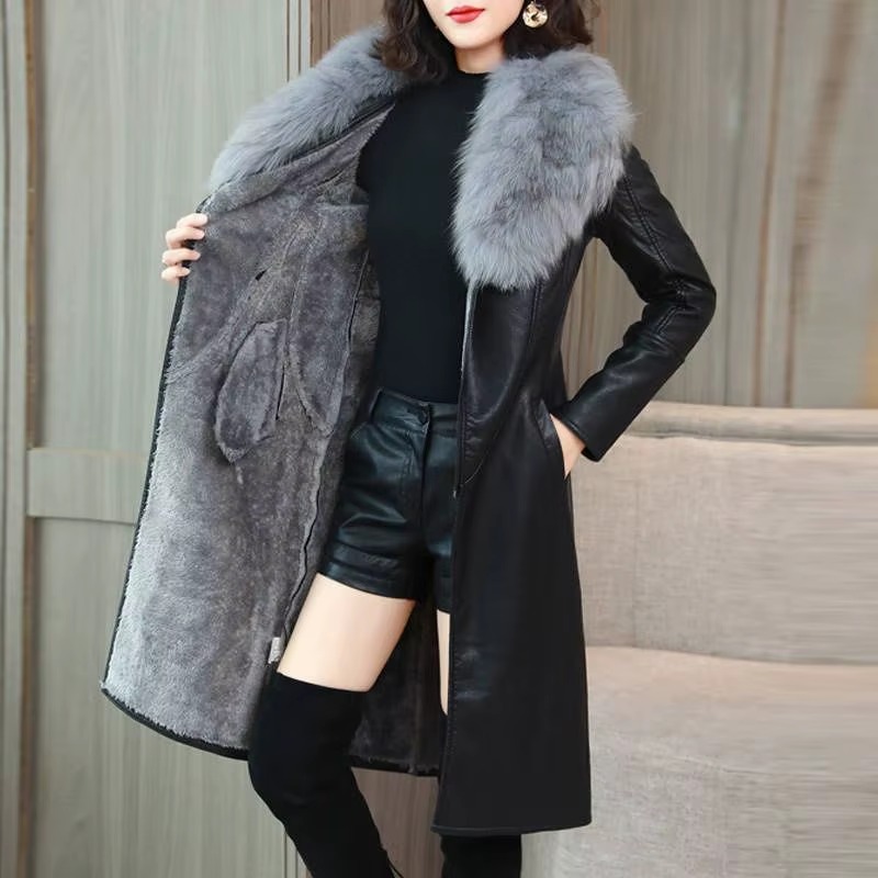 Casual Turn-down Collar Faux Fur Leather Adjustable Waist Long Loose Coats - Image 3